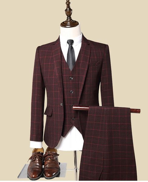 

2019 new fashion boutique plaid suit three-piece male formal business casual suits man blazer(jacket+pants+tie+vest) d697, White;black