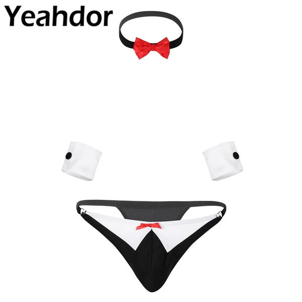 

сексуальный мужской официант дворецкий белье галстук-бабочку смокинг стринги трусы + воротник + браслеты гей сексуальная клубная одежда 3шт, Black;brown