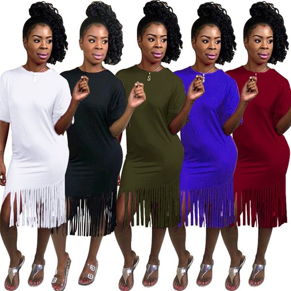 

Solid Color Designer Womens Dresses Sexy Tassel Womens Pencil Dresses Short Sleeve Womens Clothing New Arrival