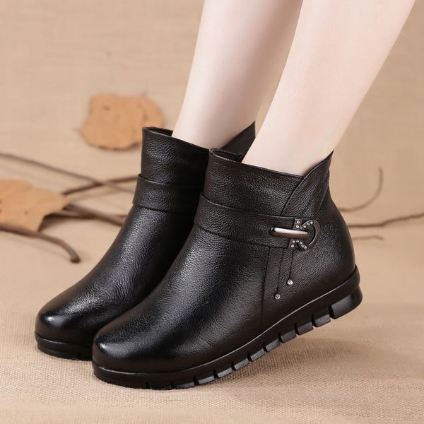 

female boot knot split leather boots women winter shoes warm plush ankle boots black wedges zip botines mujer 2020