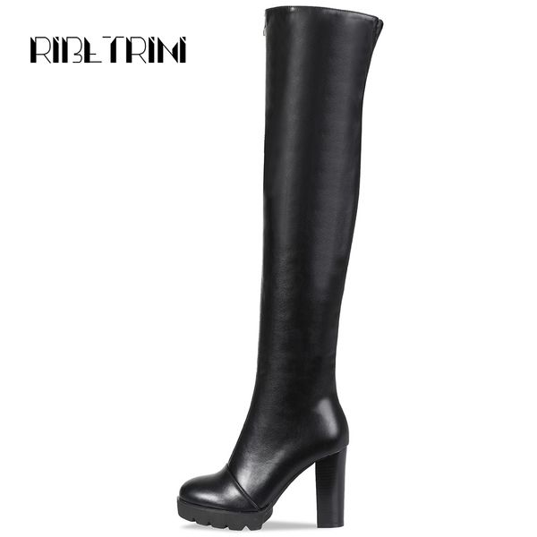 

ribetrini fashion women over knee high boots 2019 vintage square high heels rubber sole autumn shoes woman platform knight boots, Black