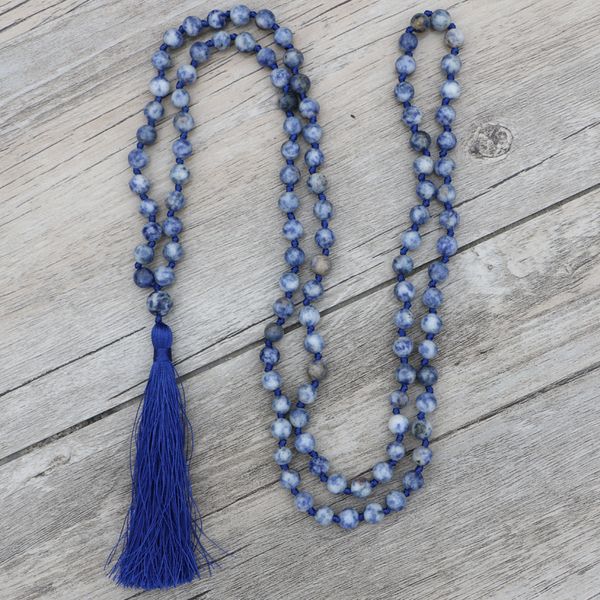 

edothala blue-white stone 6mm/ 8mm bead tassels long necklaces for women statement sodalite bead necklace mala jewelry, Silver