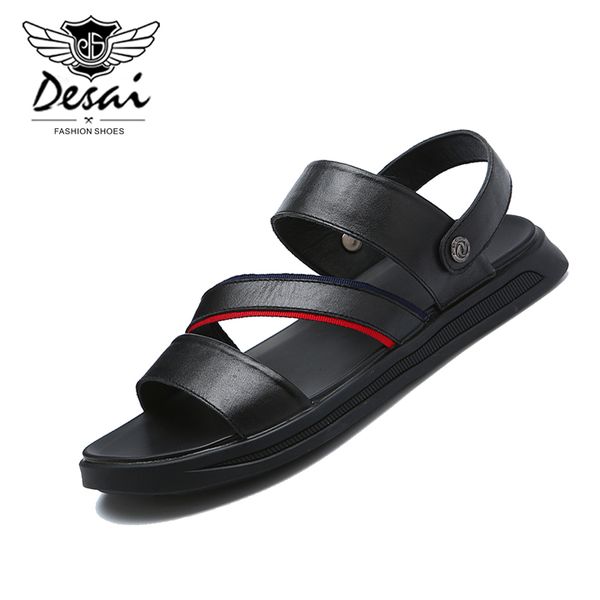 

men's genuine leather sandal slippers peas shoes men fashion simple tide shoes outdoor breathable summer beach, Black