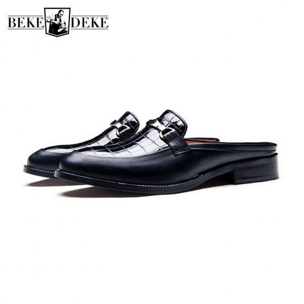 

brand fashion summer mens slip on sandals business casual slippers loafers man pointed toe genuine leather sandals footwear, Black