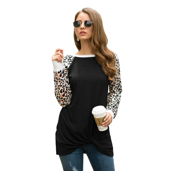 

leopard print blouse women black o neck long sleeve pullover casual knotted tunic loose 2020 autumn soft tee shirts, White