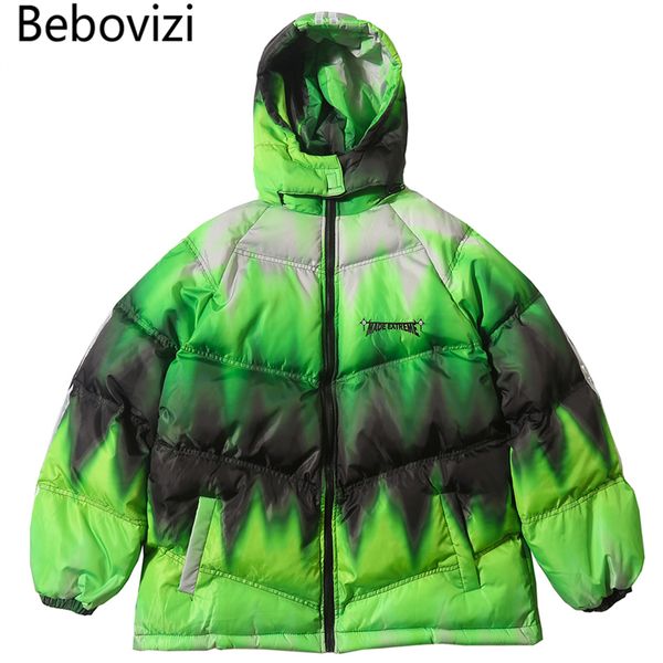 

bebovizi streetwear hip hop casual green parka jacket reflective stripes puffer cotton padded removable hooded parkas clothes, Black