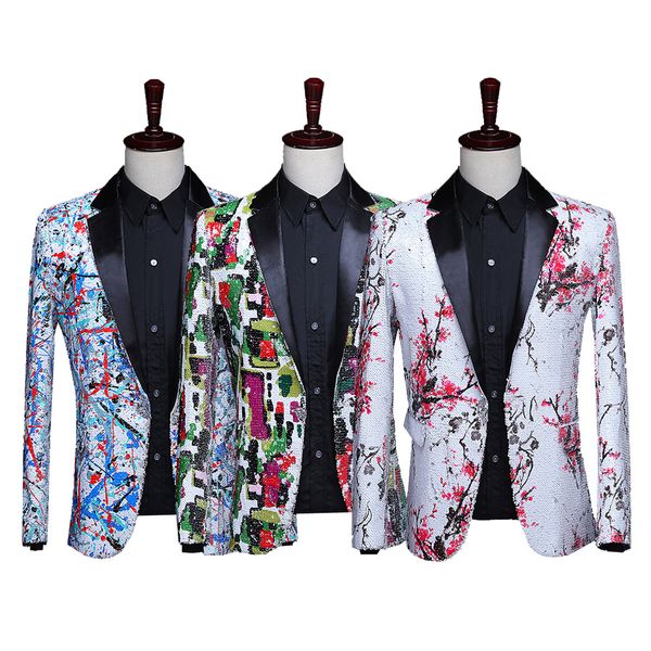 

2020 men's spring colour printing double sequins suit stage costumes singer hosting stunt suit, White;black