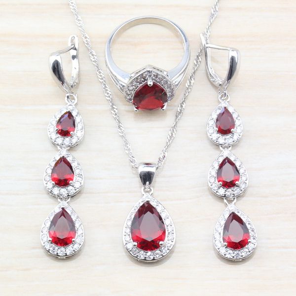 

925 sterling silver wedding bridal jewelry sets for women red garnet zircon water drop earrings/pendant/necklace/ring size s24, Slivery;golden