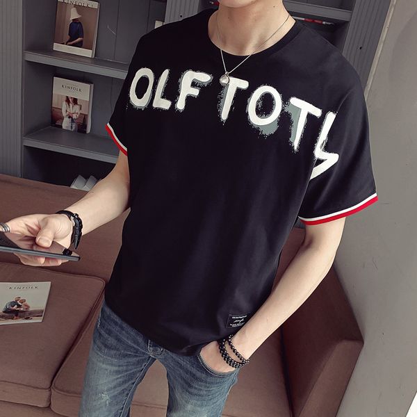 

male spring and summer fashion 2019 new thin section t shirt solid color printing streetwear leisure short sleeve t shirt men, White;black
