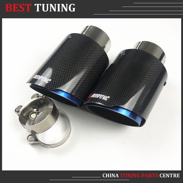 

one pair akrapovic car exhausts with glossy carbon +304 blue stainless steel for universal exhaust akrapovic tips