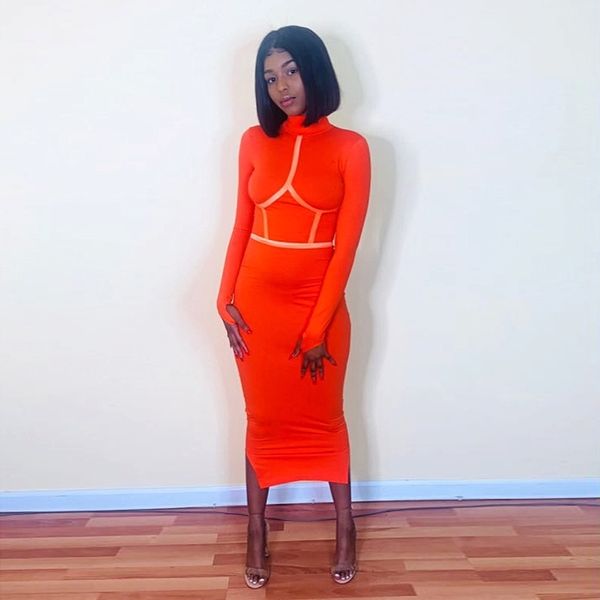 

hugcitar 2019 cotton long sleeve high neck long dress autumn winter women party elegant slim outfits streetwear, Black;gray