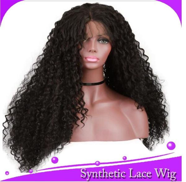 

натуральные черные длинные вьющиеся волосы дешевый синтетический парик фронта шнурка детские волосы высокотемпературное волокно мягкий парик, Black;brown