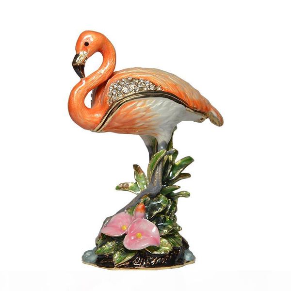 

flamingo jeweled trinket box rhinestone metal jewelry case metal jewelry box container birthday collectible gift bird figurine, Black;white