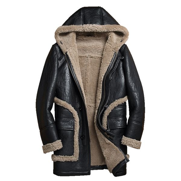 

2018 men's fashion retro winter sheep fur sheepskin leather surface shearling wool lining biker jacket coat hooded, Black