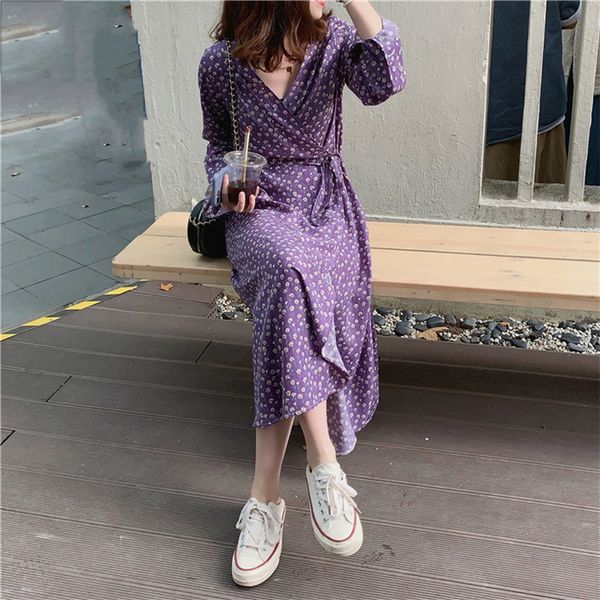 

mazefeng new 2020 women summer one piece dresses casual v-neck high waist floral vintage pleated hole lace up long dresses, Black;gray