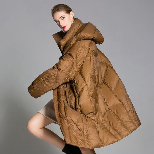 

winter new style long down jacket women medium american version loose cotton black duck down jackets with a hood pure color coat