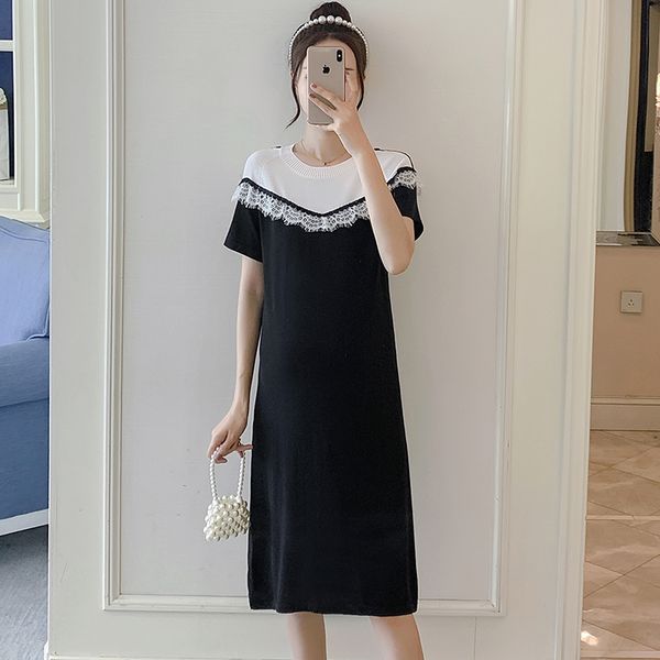 

summer pregnant women knitting dress short sleeve lace patchwork maternity lactation clothes elegan office lady nursing dress, White