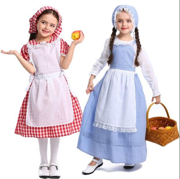 

child girls german oktoberfest dirndl maid costume countryside peasant lacing up apron dress kid halloween princess dress, Black;red
