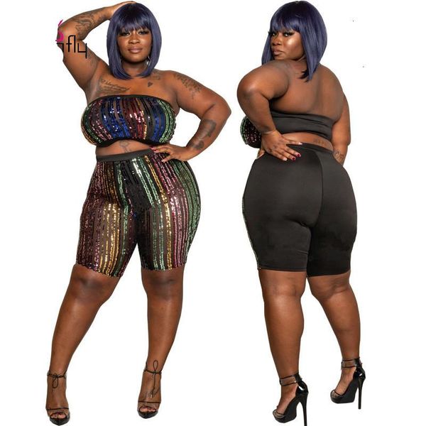 

autumn women 's matching sets sleeveless strap crop shorts sequined night club two piece set tracksuits plus size xl-5xl, Gray