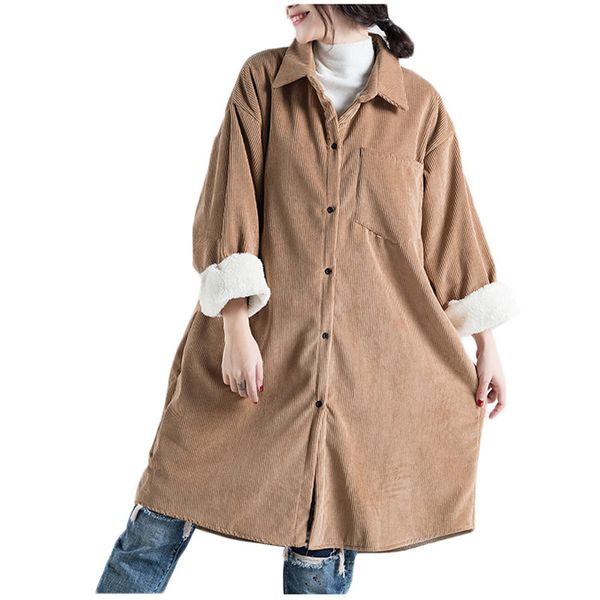 

large size women corduroy jacket 2019 autumn winter warm windbreaker coat thicken casual loose long chaquetas mujer blusa f200, Tan;black