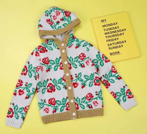 

2019 new autumn winter sweater coat flower printed casuel style hat kinitted sweater warm coat for girls clothing pretticoat, Blue;gray