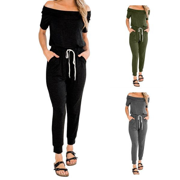 

ins casual sports running pants womens years of the new european version of boat-neck high-waist lace-up womens jumpsuits & rompers sale, Black;white