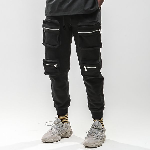 

2019 хип-хоп черный бегунов брюки уличная мужская работает гарем брюки повседневная harajuku карман молния тренировочные брюки, Black