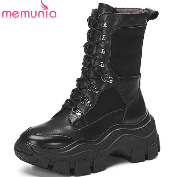 

memunia 2020 new arrive ankle boots women genuine leather shoes round toe lace up fashion punk casual flat platform boots woman, Black