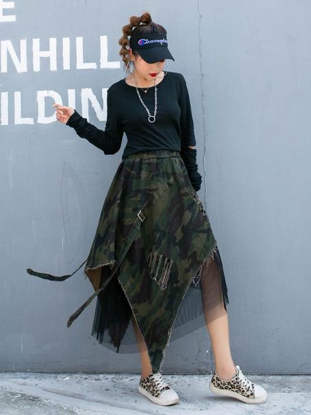 

mid-length skirt autumn camouflage leopard a- line mid calf elastic waist asymmetrical patchwork mesh voile ripped denim skirt, Black