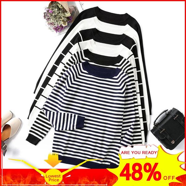 

striped knitted long sleeve women's sweater autumn o-neck white black womens pullover sweaters 2019 winter casual jumper ladies