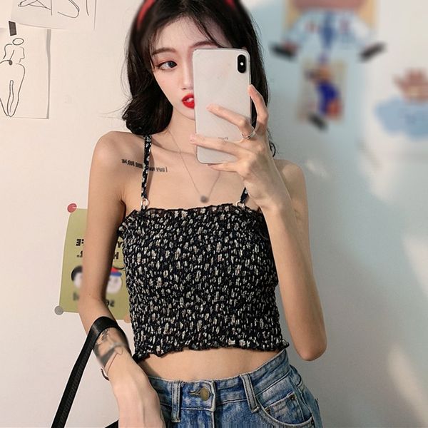 

women's floral print chiffon summer camis fresh exposed navel camisole top, White