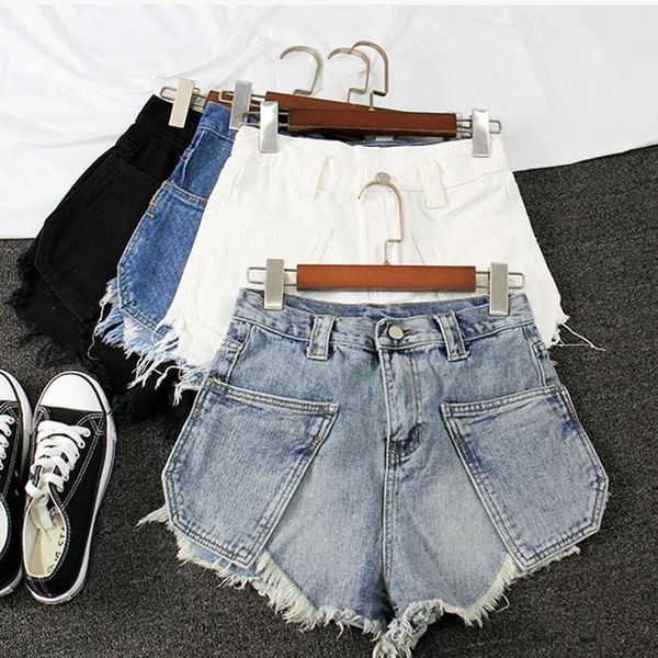 

womens short jeans spring summer 2019 new tassel hem mid waist denim blue button with pockets shorts ladies