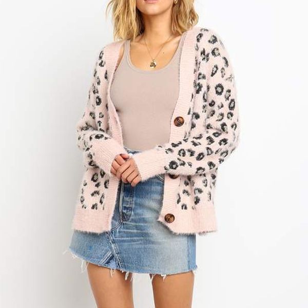 

vintage dot winter coat women single button casaco feminino leopard print wool coat casual knitted abrigo mujer sweater femme, Black