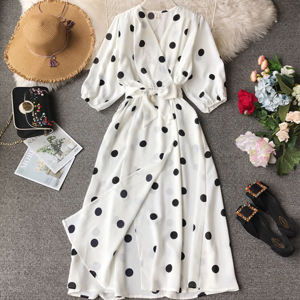 

women vintage polka dot v-neck dresses new 2020 spring women casual half sleeve slim a-line holiday dress, Black;gray
