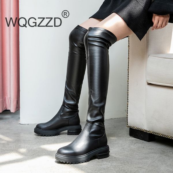 

bottes femme new winter thigh high boots women's shoes cow leather stretch boots women's over the knee boos knight mujer, Black