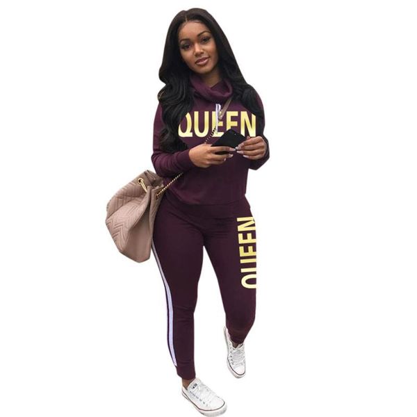 

womens autmn tracksuits hooded long sleeve solid color 2pcs suits sports style casual apparel queen letter print, Gray