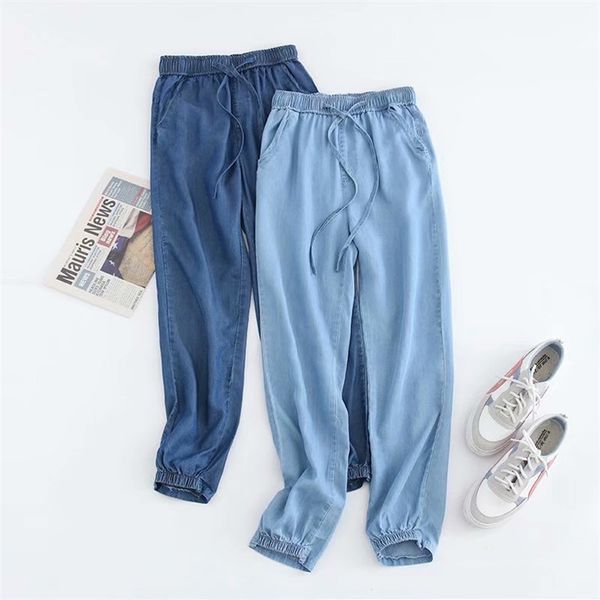 

xr-1079 elastic high-waisted lace-up solid color skinny pants feet jeans, Blue