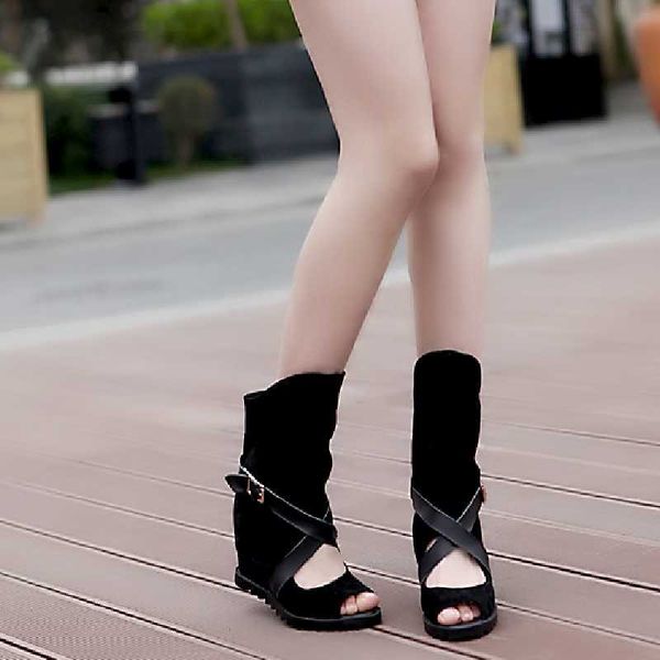 

summer boots hidden wedge high heel open toe platform shoes woman mid-calf leisue boots women shoes, Black