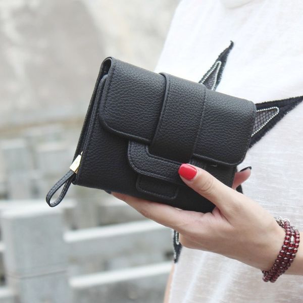 

новый стиль рисует большую емкость multi-карты коротких женщины solid color lychee pattern wallet, Red;black