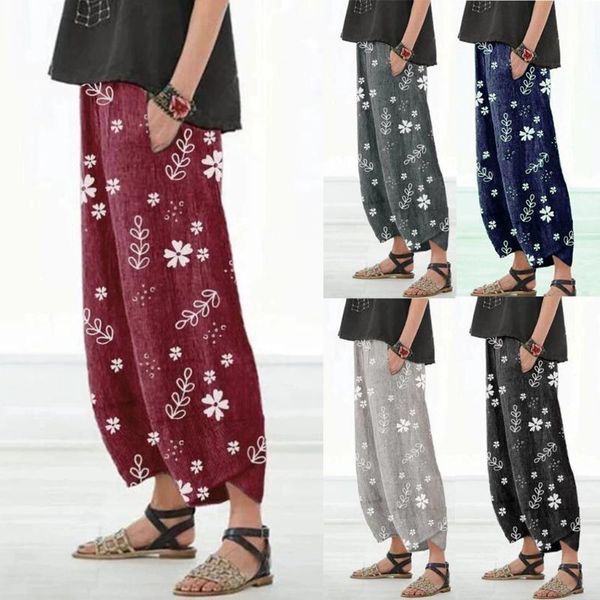 

women's pants & capris women casual harem summer elastic waist wide leg vintage floral printed trousers female loose pantalon plus size, Black;white