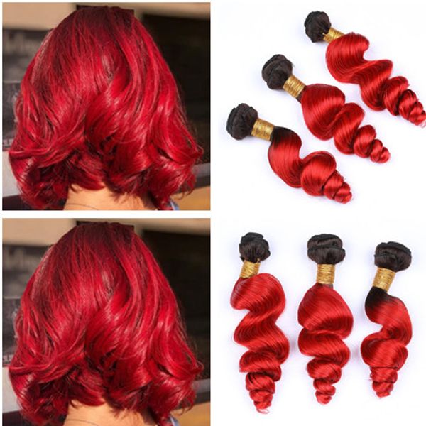 Bright Red Ombre Loose Wavy Malaysian Human Hair Weave Bundles