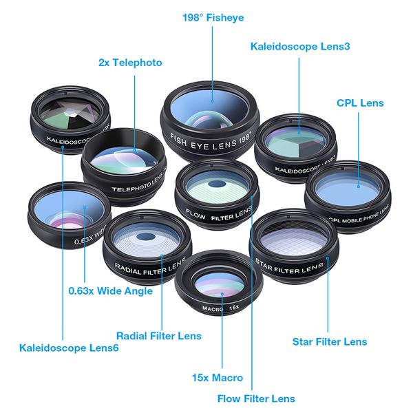 

10 in 1 phone camera lens kit fisheye wide angle macro lens 10x telescope lens for digital camera mobile phones