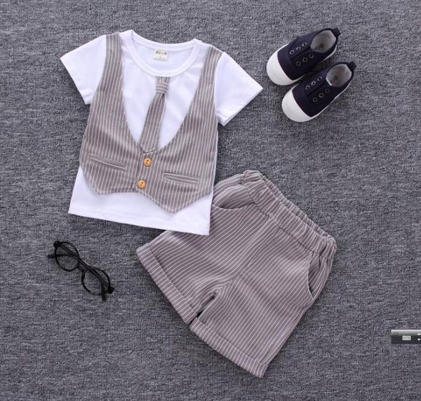 

summer children's stripe new children's korean vest t-shirt boys two piece short sleeve shorts set kid clothes baby children, White