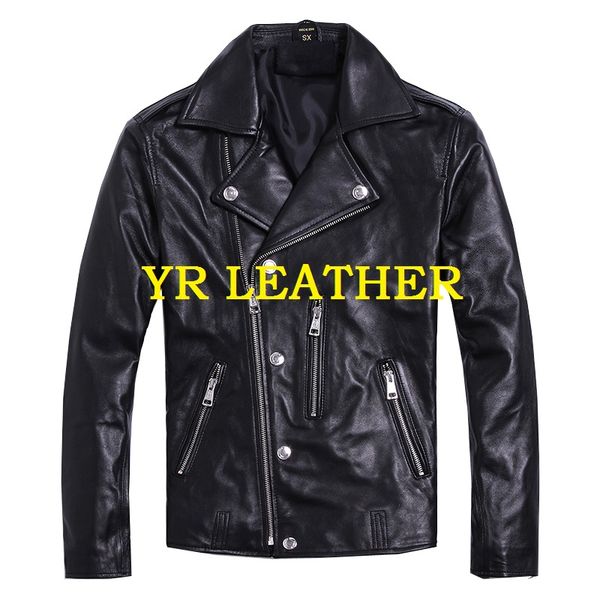 

yr2019 .autumn man street cool genuine leather jacket.motor sheepskin coat.plus size slim leather coat, Black