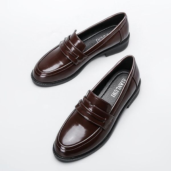 

Real Oxford Shoes Women Brown Leather Flats British Girls Street Shoes Ladies Derby Shoes College Loafers Women Solid Moccasins