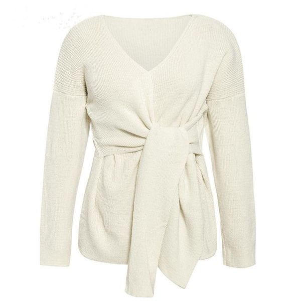 

noenname v neck knitted long sleeve wrap front loose bandage sweater coat blouse winter clothes women pull femme nouveaute 2019, White;black