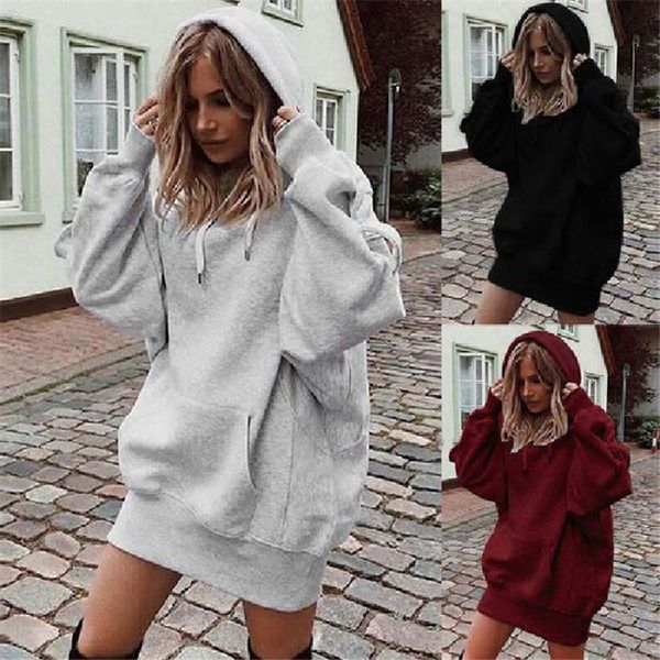 

2019 autumn winter sweatshirts women's hoody pullovers dresses solid color long sleeve hoodies pockets sweatshirt hooded dress, Black
