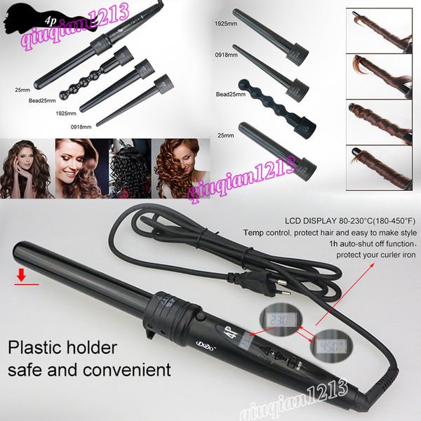 4-in-1-Haar-Lockenstab-Set, austauschbarer Zylinder, LCD-Display, lockiges, gewelltes, professionelles Lockenwickler-Zauberstab-Roller für Salon, Reisen, Haushalt, Geschenke