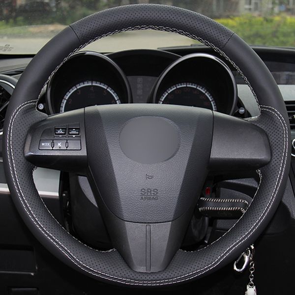 

black genuine leather car steering wheel cover for 2011-2013 mazda 3 mazda cx7