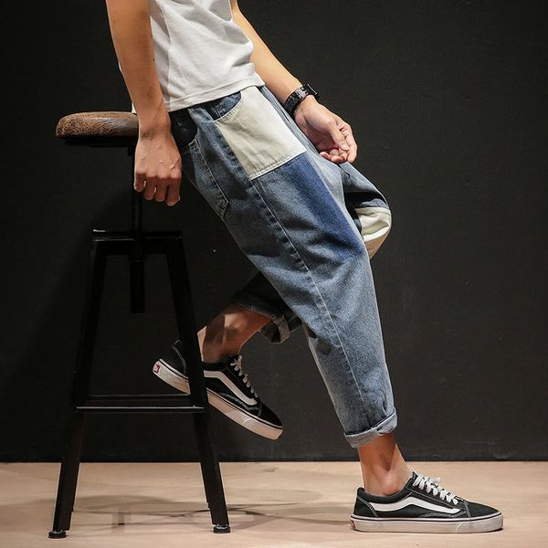 

oversize -5xl mens autumn ripped jeans pants patchwork ankle-length straight pants man streetwear trousers casual fashion jeans, Blue